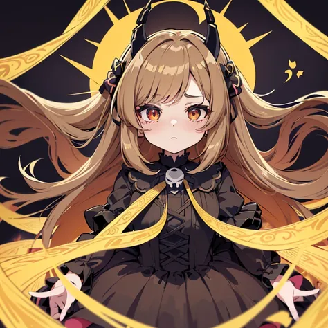 Anime girl with horns and a dress with a skull on it, ((light brown hair))(loli in dress, gothic maiden anime girl, cute anime waifu in a nice dress, anime moe artstyle, anime girl wearing a black dress, nightcore, (anime girl), anime style 4 k, little cur...