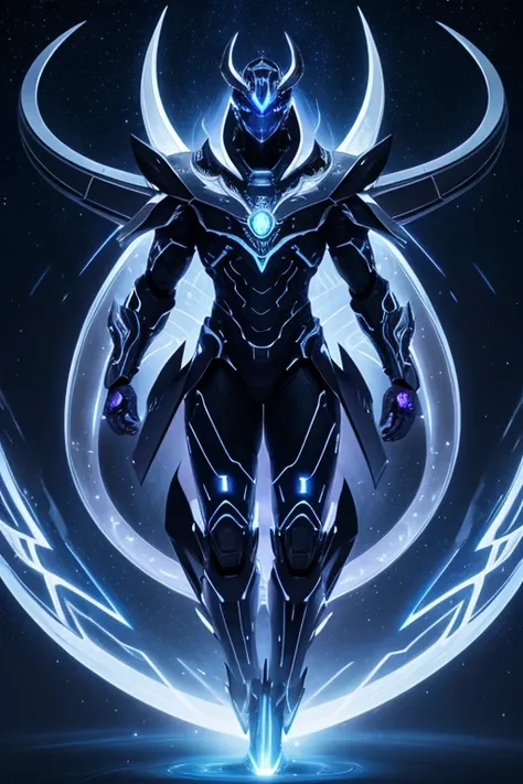 a futuristic blue glowing eyes robotic silver scaled giant serpent, universe, long symmetrical white horns, highly detailed, purple wind, ethereal lightning, sharp focus