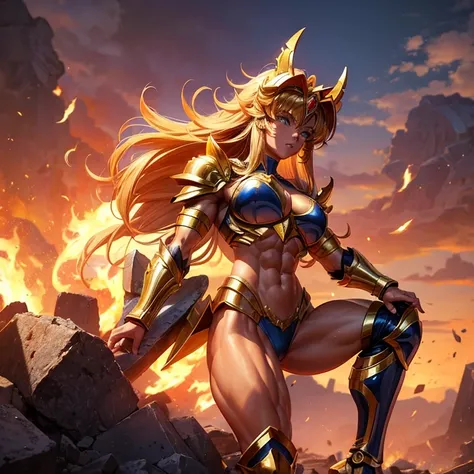 (Masterpiece), (Best Quality), (1 Girl), Girl in Golden Armor, bodybuilder physique, shredded abs, heavily muscled legs, Cool Pose, Battlefield Background, Fire Background, Saint Seiya Armor, Messy Hair, Broken Armor, Ragged Clothes