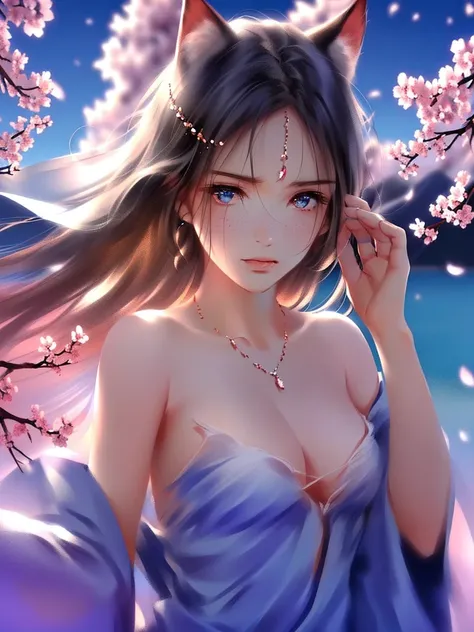 anime style, super fine illustration, highly detailed, dynamic angle, beautiful detailed, 8k, A girl is impressed by the cherry blossoms in Fuji-Hakone Izu National Park and the blue sky by the lakeside with Mt. Cherry blossom petals are dancing in the win...