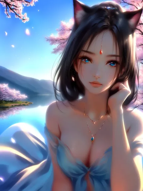 anime style, super fine illustration, highly detailed, dynamic angle, beautiful detailed, 8k, A girl is impressed by the cherry blossoms in Fuji-Hakone Izu National Park and the blue sky by the lakeside with Mt. Cherry blossom petals are dancing in the win...