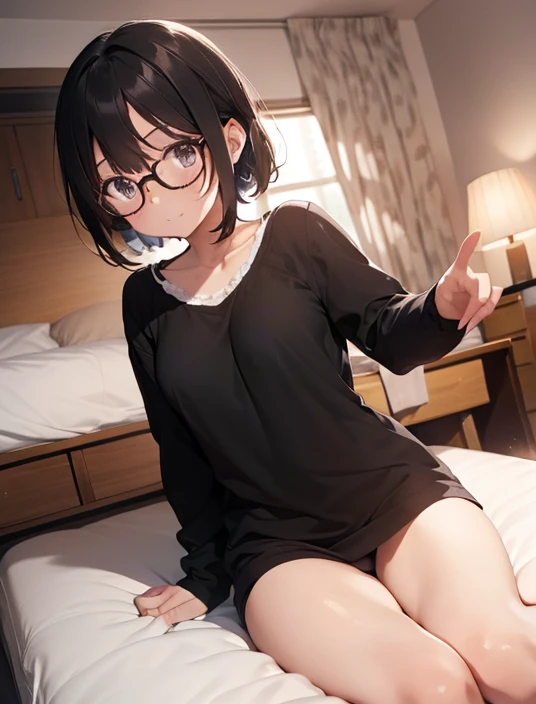 (Tabletop, highest quality, Capture the cutest moment, Depth of written boundary, Ultra-detailed, Ultra-high resolution, c4d, Octadale, 3D modeling, 8k, 16K, One Girl、、Black-haired、short hair、Straight Hair、Light brown eyes,hair ornaments、Wearing black glas...