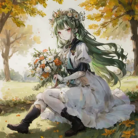 anime girl sitting on the ground with a bouquet of flowers, marin kitagawa fanart, autumnal empress, goddess of autumn, beginning of autumn, goddess of nature, a maid in a magical forest, the non-binary deity of spring, the goddess of autumn harvest, durin...