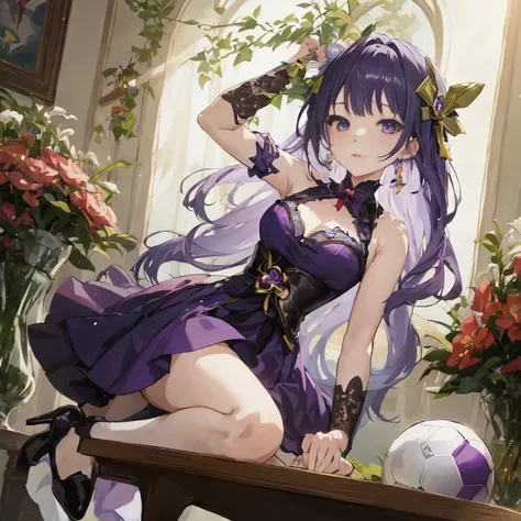 anime girl in purple dress sitting on a table with a soccer ball, ayaka genshin impact, marin kitagawa fanart, cute anime waifu in a nice dress, ayaka game genshin impact, hanayamata, cushart krenz key art feminine, anime visual of a cute girl, high detail...