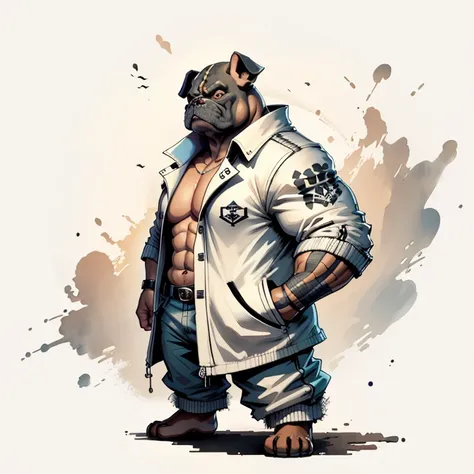 c4tt4stic，((fette bulldogge)), wearing a white longcoat,tatoo on chest,baseball bat, ukiyoe-malerei, radierungen,bulldog head,bl...