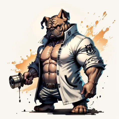 c4tt4stic，((fette bulldogge)), wearing a white longcoat,tatoo on chest,baseball bat, ukiyoe-malerei, radierungen,bulldog head,bl...