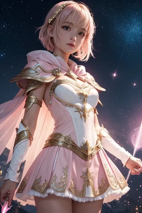 Female short blond tomboy hair dark fantasy girl wearing an intricate elaborate futuristic light pink armor with mini dress with elaborated white ornaments, pink short cape, pink short mini skirt, wearing a short staff, blue magic eclipse, stars, magic con...