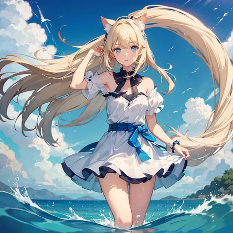 a cat eared blond blue eyes girl is floating on the sea.