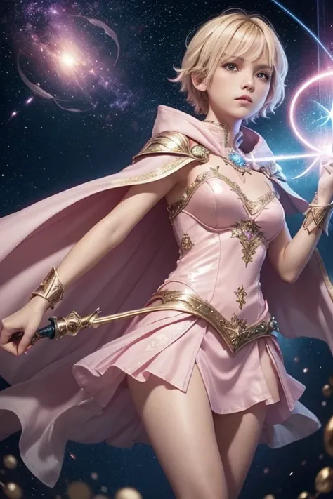 Female short blond tomboy hair dark fantasy girl wearing an intricate elaborate futuristic light pink armor with mini dress with elaborated white ornaments, pink short cape, pink short mini skirt, wearing a short staff, wand, blue magic eclipse, stars, mag...