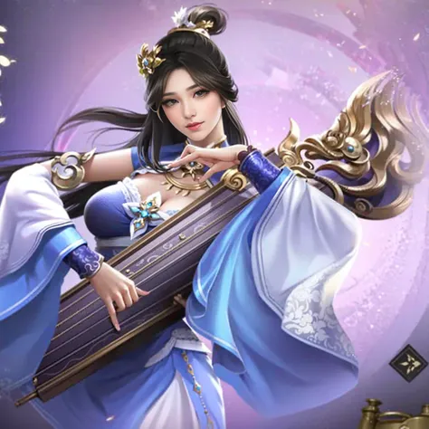 Close-up：A woman in a blue dress holding a musical instrument, the guzheng, yun ling, beautiful fantasy queen, Chinese Fantasy, xianxia fantasy, Inspired by Roma, Queen of the Sea Mu Yanling, xianxia hero, full body xianxia, Inspired by Ju Lian, Inspired b...