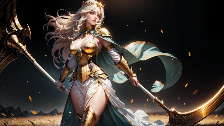 ((official art)), 1girl, solo, full body shot, light blue eyes, gold armor, long cape, white skirt, golden armor, (large breasts...