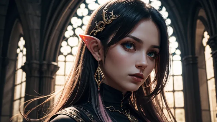 RAW, professional photograph, medium shot, photorealistic, hyper-realistic, ray tracing, super detail, UHD, 8k, female elf, twenty years old, goddess, gold jewelry, athletic body, soft facial features, long hair, straight hair, light pink hair, blue eyes, ...