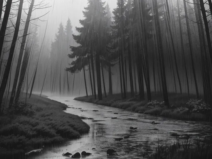 Black and white atmosphere of a forest in rainy weather, when the figures of ravens and a red heart in the center are blurred in the rain. Ink wash style, the depiction of rain and mist with the details of the landscape subtly highlighted 