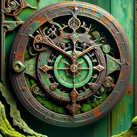 hyper detailed masterpiece, dynamic, awesome quality,DonM0ccul7Ru57XL , comfy pocket watch gate ,rust, green patina, moss