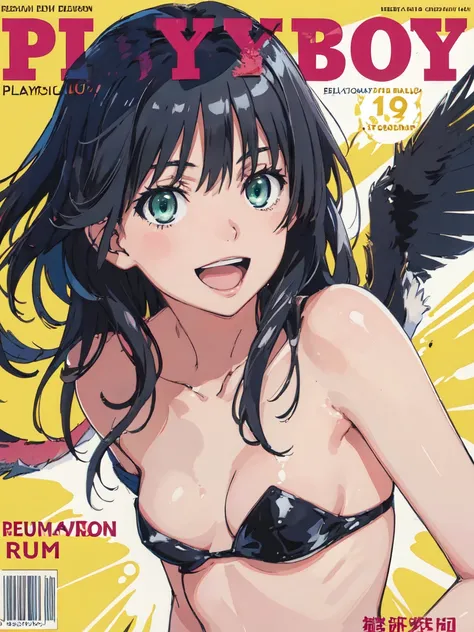 PlayboyCoverQuiron style, playboy cover, (High resolution:1.4), (masutepiece:1.2), (High quality:1.3) 1girl, saten ruiko, green eyes, long hair, black hair, small breast, smile, open mouth