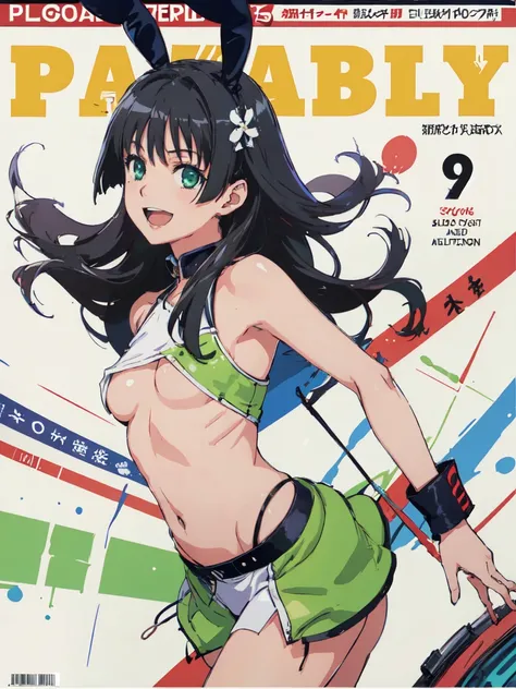 PlayboyCoverQuiron style, playboy cover, (High resolution:1.4), (masutepiece:1.2), (High quality:1.3) 1girl, saten ruiko, green eyes, long hair, black hair, small breast, smile, open mouth