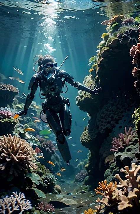 (highres, masterpiece:1.2), ultra-detailed, realistic, underwater, cyborg diver, exploring, extraordinary, vibrant colors, aquatic species, coral reefs, bioluminescent plants, futuristic technology, ocean depths, mysterious, shimmering light, mechanical en...