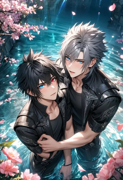 absurdres, highres, ultra detailed, HDR, masterpiece, Riku, spiky grey hair, heterochromia, left eye red, right eye blue, Final Fantasy xv, Noctis Lucis Caelum, black hair, expressive blue eyes, 2men together, gay couple, handsome, black and white fantasy ...