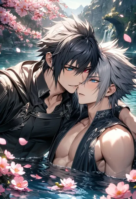 absurdres, highres, ultra detailed, HDR, masterpiece, Riku, spiky grey hair, heterochromia, left eye red, right eye blue, Final Fantasy, Noctis Lucis Caelum, black hair, expressive blue eyes, 2men together, gay couple, handsome, black and white fantasy clo...