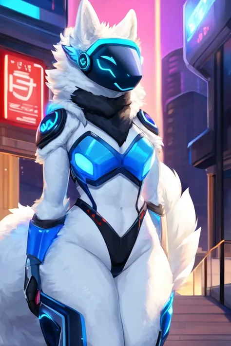 8k, 4k, Detailed, High quality, furry, female, mature female, by buta99, arctic protogen, long visor, blue visor, tuft neck, fluffy tail, sexy body, futuristic assasin clothing