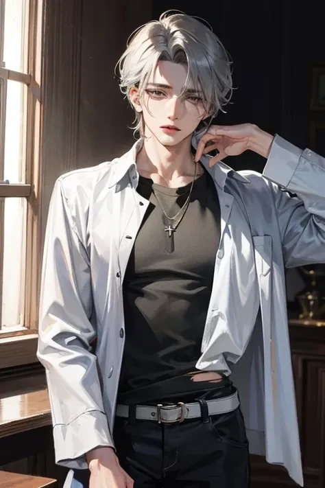 Manhwa Style realistic 
1 masculine, porte elegante, piel blanca tersa, facciones serias cara fina ovalada, ojos color grises, grayish hair, cabello ondulado, corte de cabello de hongo, cabello alborotado, He wears torn rags. He is in a room tied to a tabl...