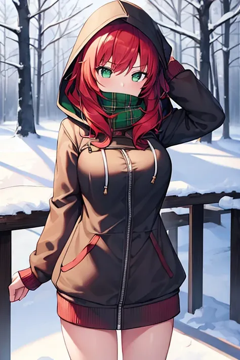 1girl, red hair, medium hair, large breasts, breasts, green eyes, scarf, covered mouth, jacjet, forest, snow, hoddie, hooded jacket, hood on, hood up, zipper, gloves,