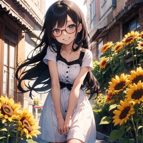 Beautiful  with glasses, long black hair, bouquet of sunflower and red roses, bright colors, smiling, 8k quality, cinematic focus,