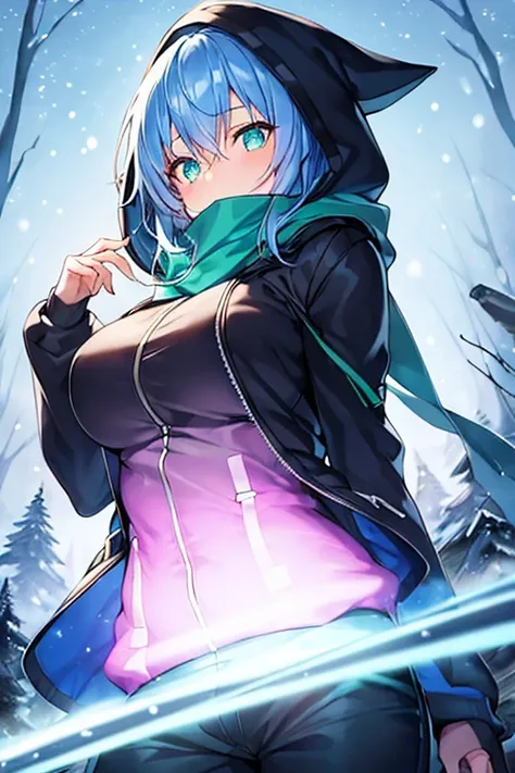 1girl, blue hair, medium hair, large breasts, breasts, green eyes, scarf, covered mouth, jacket, forest, snow, black jacket, hoddie, hooded jacket, hood on, hood up, zipper, gloves, glowing hair, glowing eyes, light blue hair, sky blue hair, night sky, sky...