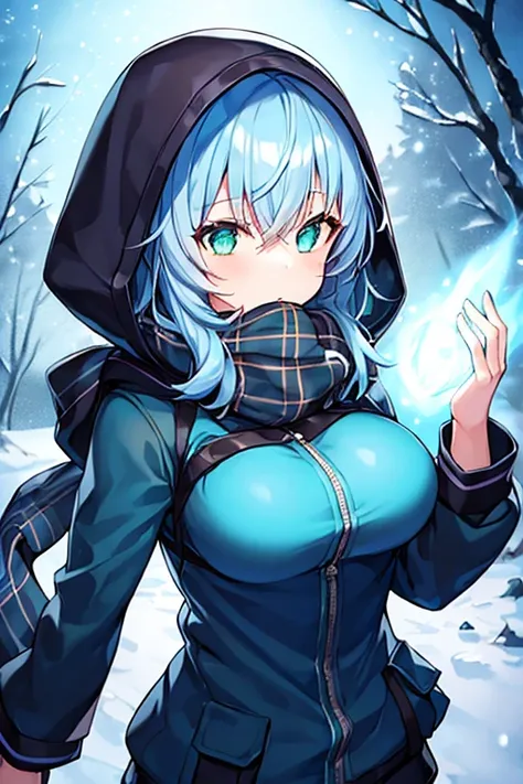 1girl, blue hair, medium hair, large breasts, breasts, green eyes, scarf, covered mouth, jacket, forest, snow, black jacket, hoddie, hooded jacket, hood on, hood up, zipper, gloves, glowing hair, glowing eyes, light blue hair, sky blue hair, night sky, sky...