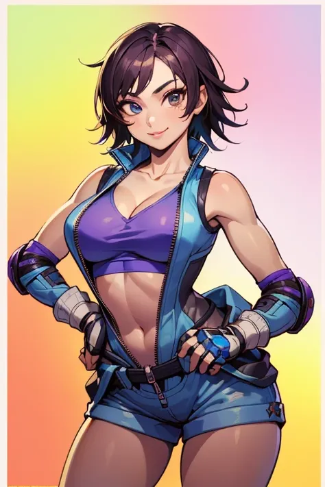 (masterpiece, 4k, high quality, colorful, super detailed eyes and face:1.2), cowboy shot, solo, 1girl, kazama asuka, smile, looking at viewer, jumpsuit, unzipped, short shorts, elbow pads, (fingerless gloves:1.1), clothes around waist, navel, cleavage
