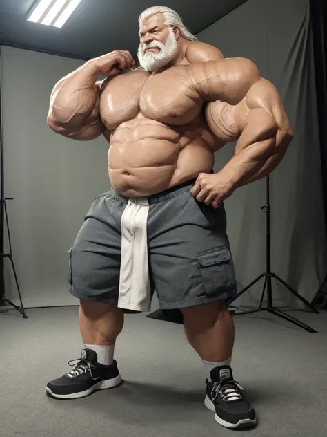 anime, anime style, (best quality,4k,8k,highres,masterpiece:1.2),ultra-detailed,(realistic,photorealistic,photo-realistic:1.37),((massive muscular)) ((huge Muscular)) chubby old man standing in photo studio, simple background, , shorts and shoes, white hai...