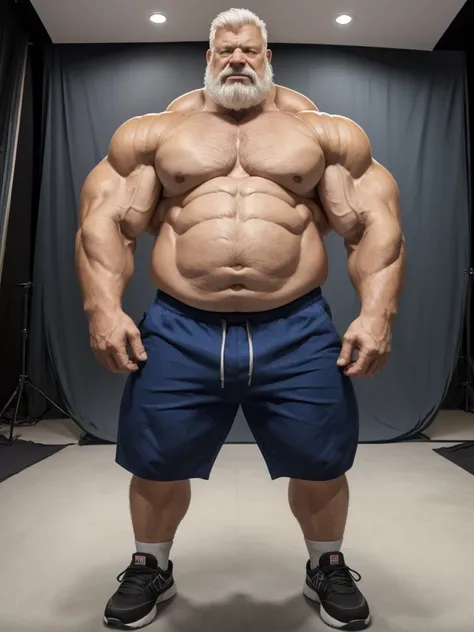 anime, anime style, (best quality,4k,8k,highres,masterpiece:1.2),ultra-detailed,(realistic,photorealistic,photo-realistic:1.37),((massive muscular)) ((huge Muscular)) chubby old man standing in photo studio, simple background, , shorts and shoes, white hai...