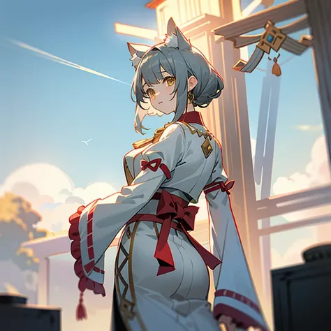 Xenoblade Chronicles 2、near、Big Ass、Cat ear、Gray Hair、Bangs、Young appearance、White shrine maiden outfit、Yellow Eyes