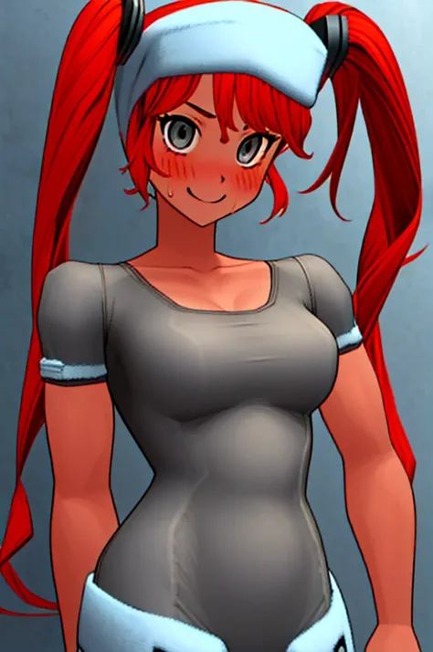 Twintail, red haired, 1girl, (grey eyes:1.5), well toned, well built, muscled, toned muscles, blushing, sweating, smiling,