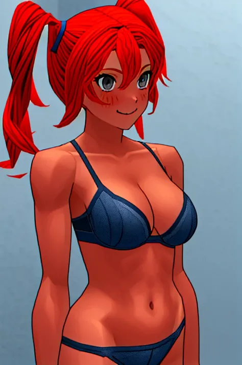 Twintail, red haired, 1girl, (grey eyes:1.5), well toned, well built, muscled, toned muscles, blushing, sweating, smiling, She is depicted in a solo composition, with captivating grey eyes her hair in a side ponytail being held by a blue ribbon that looks ...