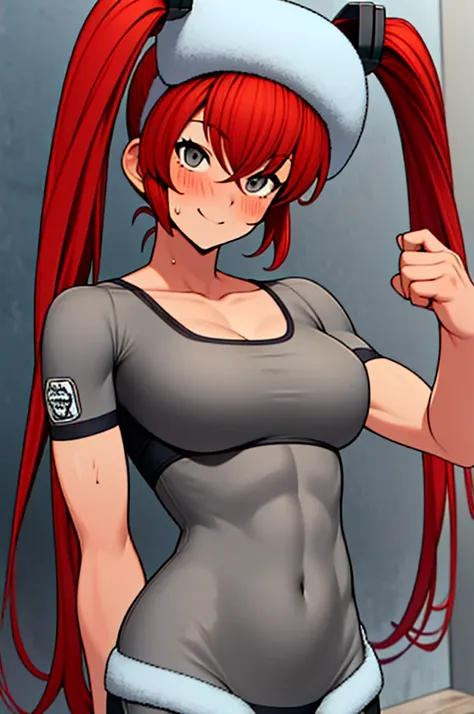 Twintail, red haired, 1girl, (grey eyes:1.5), well toned, well built, muscled, toned muscles, blushing, sweating, smiling,