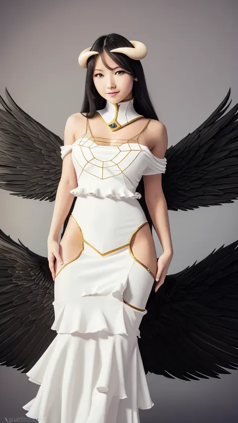 masterpiece, best quality, highres, al1, demon horns, slit pupils, white gloves, white dress, bare shoulders, detached collar, cleavage, black wings, feathered wings, low wings, cowboy shot, standing, dungeon, evil smile, reaching out, 