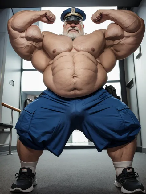 anime, anime style, (best quality,4k,8k,highres,masterpiece:1.2),ultra-detailed,(realistic,photorealistic,photo-realistic:1.37),((massive muscular)) ((huge Muscular)) chubby old man as police, wearing police hat, bulge, shorts and shoes, white hair, super ...