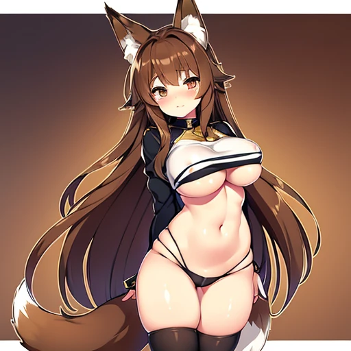 Cute short, 19 year old female, with long brown hair and golden eyes, that is 4 foot 8 inches. She has big breasts, thick legs, face blushing, in room with guys. I have fox ears and tail