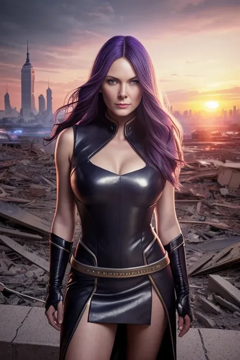 Kirsten Dunst、Torn Suit、Im wearing a skirt、masterpiece, 1 Girl, マーベルのサイロックとしてbeautiful女性, X-Men Psylocke Cosplay、purple suit、Fine and delicate features, Futuristic New York Background, Science fiction, blonde, Super Heroine, heroic, Perfect balance, photog...