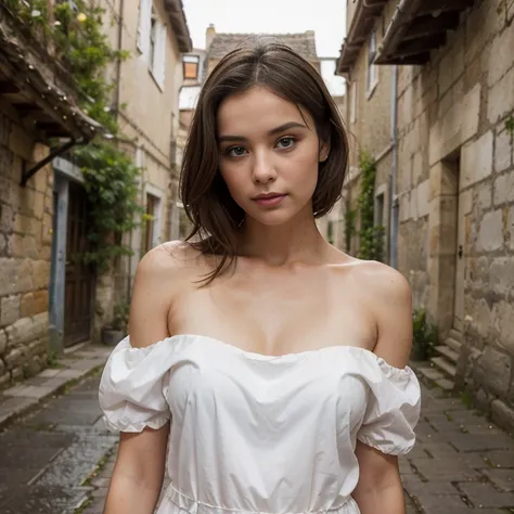 jeune femme de 25 ans, brune aux yeux bleus, chemisette blanche transparente, summer rain, bare shoulders, low-cut, in a medieval village, murs en anciennes pierres, portes en bois