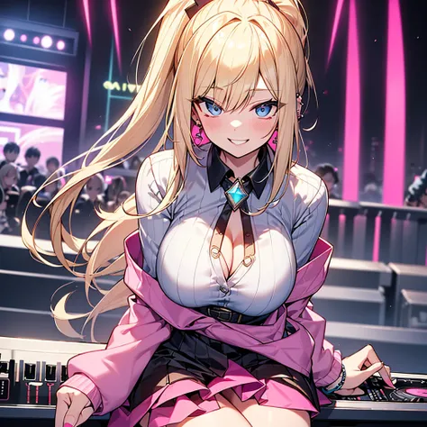 highest quality、Blonde、ponytail、Slanted Eyes、blue eyes、thick eyeliner、Pale skin、Gal、high school girl、wearing a cardigan around the waist、Cleavage、Have many ear piercings、bracelet、Headphones、pink lip、big breasts、Short skirt、Knee-high boots、DJing、Lots of neo...