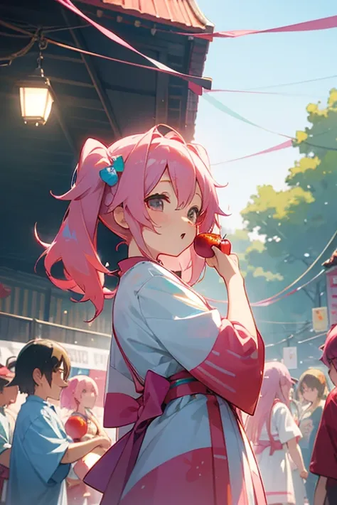 Summer festival、yukata、woman３group of people、cute、apple candy、Pink Hair、Light blue hair、Golden Hair、Twin tails、yukata