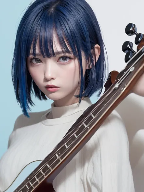 (((best image quality、8k、Beautiful woman、Pure white wall background)))、bassist、Im playing bass、playing the basedium hair woman、blue hair color、angry look、wearing a light blue dress、