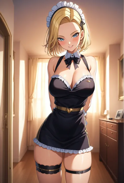 sysdeep_android18, 1girl, solo, breasts, looking_at_viewer, smile, short_hair, blue_eyes, blonde_hair, (highly detailed skin), (golden hour), photographic, gorgeous, glamourous , large breasts, bedroom, cowboy shot, arms behind back, thigh strap, maid head...