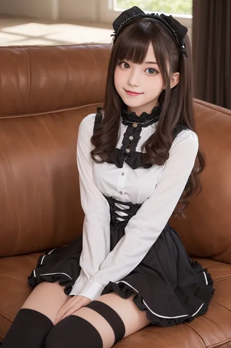 masterpiece, highest quality, one girl, (beautiful girl, cute:1.3), (15 years old:1.3), very fine resolution, (symmetrical eyes:1.3), (sit on the sofa), (Gothic Lolita, high socks, zettai ryouiki:1.3), small breasts, brown eyes, parted bangs, brown hair, l...