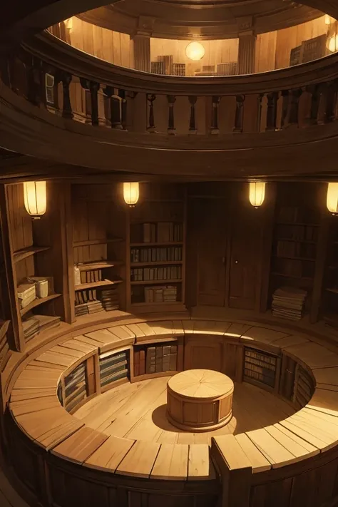 very tall round circular room with walls covered by shelves for storing ancient scrolls, dimly lit with moonlight