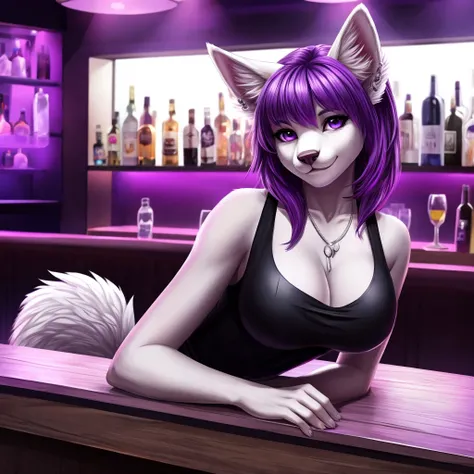 Furry woman, white fur, purple hair, white ears, fluffy white tail with purple details, silver earrings and necklace, short and tight black clothes, cleavage, on a table, bar background, View of the breasts up, face to the side looking at the screen 