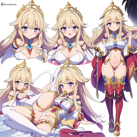 masterpiece, best quality, high fantasy outfits, solo, ((white background)), multiple views, (sex pose, spread legs, pussy, fellatio, cock sucking, standing, crouch, sex from behind), thong, character sheet,