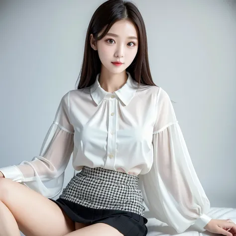 ((masterpiece)), ((highest quality)), (Very detailed), ((Very detailed)), 4K, (8k), highest quality,  alone,White Room、Kind Face、Soft Light、Portrait Photography、Chiffon blouse、From the waist up、White Room、Black and white houndstooth skirt:2